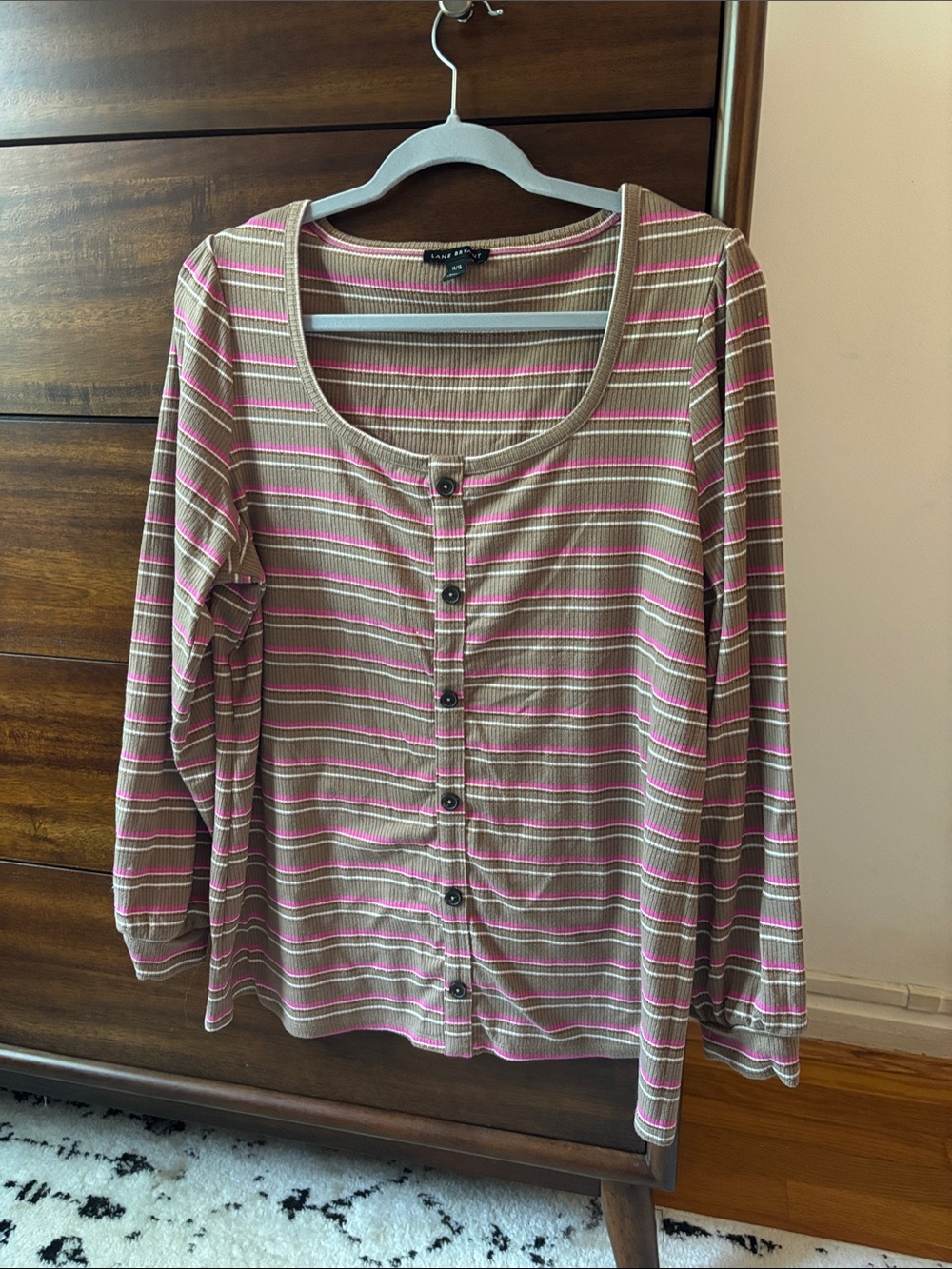 Lane Bryant Taupe Pink White Striped Faux Button-Front Long Sleeve Top